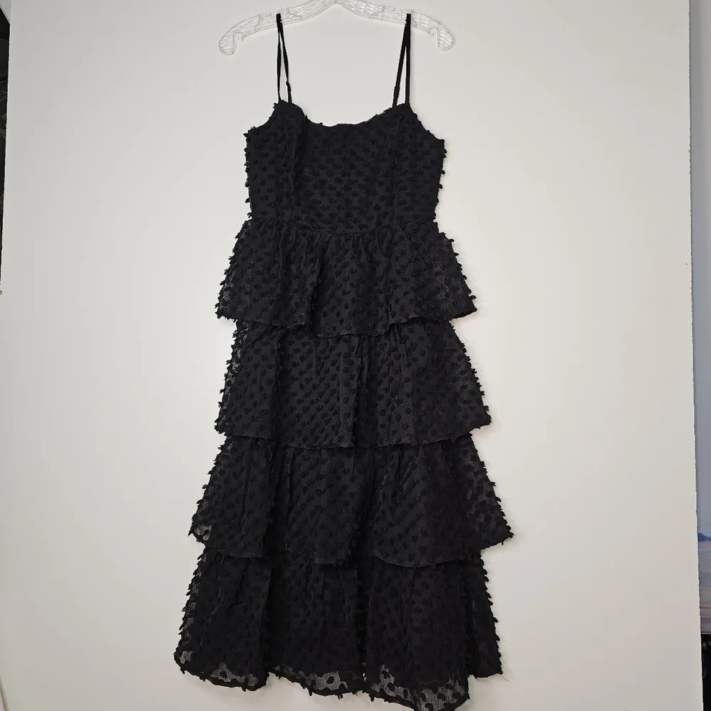 Lulu's Women's Flirting with You Black Tiered Pom Pom Midi Dress Size Small NWT - Picture 11 of 13